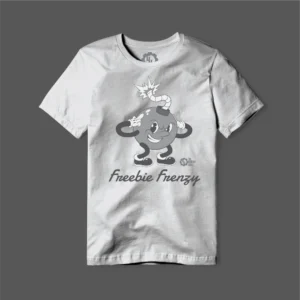 A tshirt design preview of the Freebie Frenzy No. 2 shwoing the retro cartoon character bomb as a print on a tee mockup.