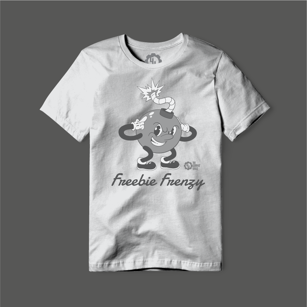A tshirt design preview of the Freebie Frenzy No. 2 shwoing the retro cartoon character bomb as a print on a tee mockup.